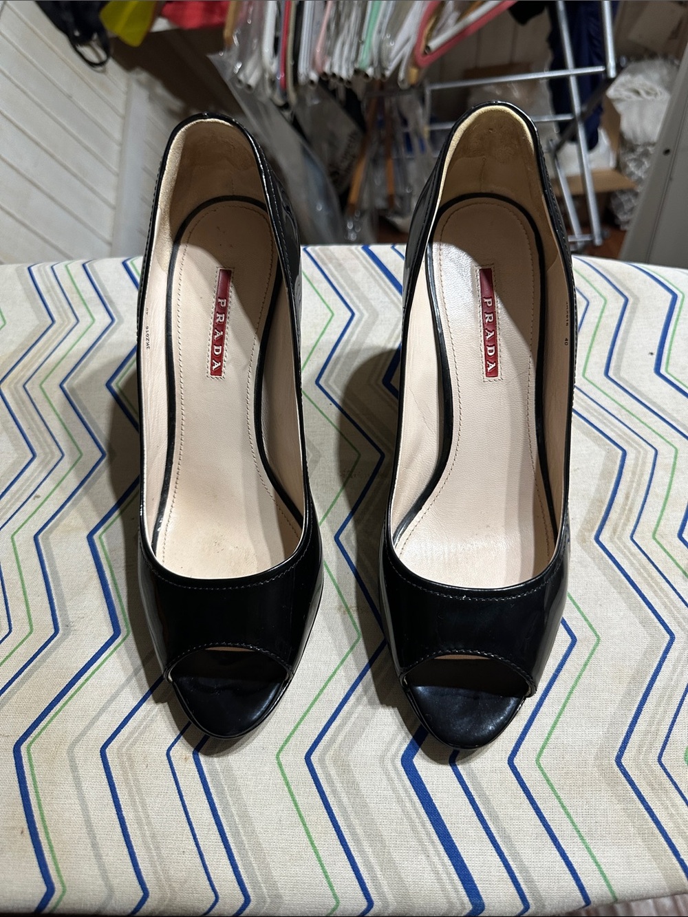 Prada Black Patent Peep-Toe Wedge Pumps - Picture 1 of 8
